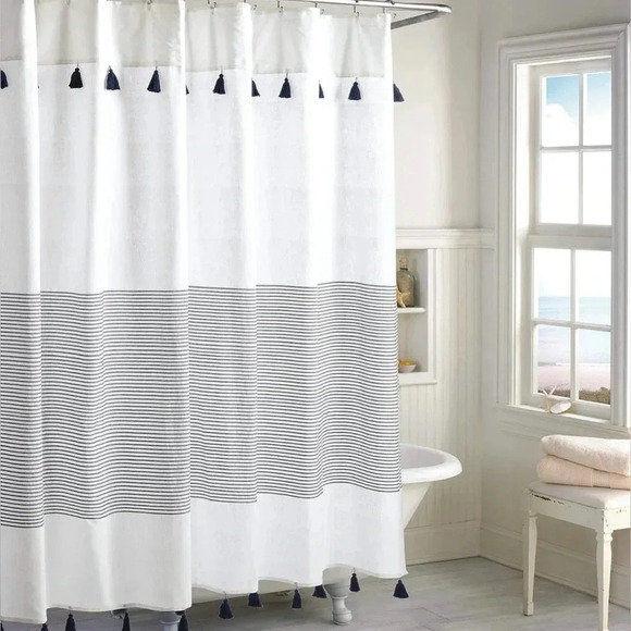 Other - Navy Striped Shower Curtain W/ Tassels